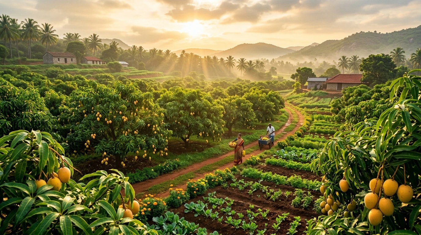 JR Garden sun-drenched mango orchards and organic farm landscape
